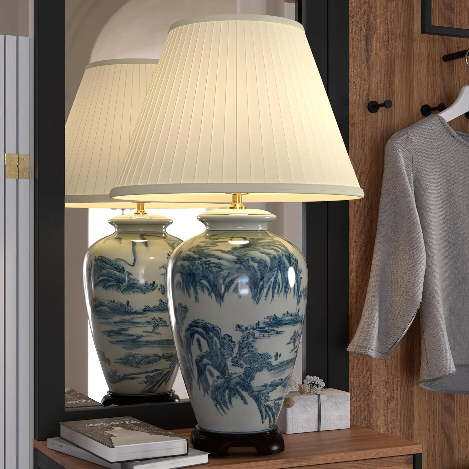 Red Lantern 29" Blue and White Chinese Landscape Lamp