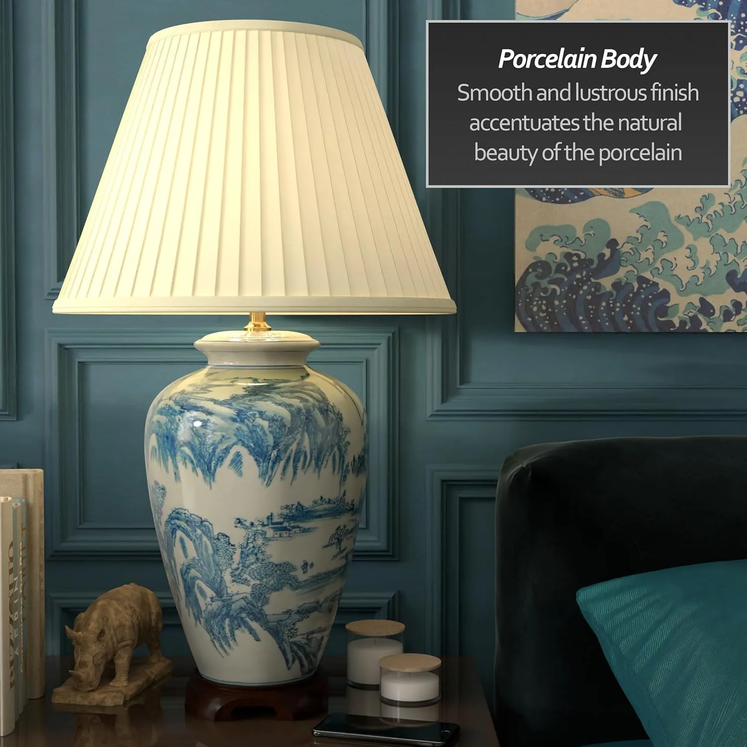 Red Lantern 29" Blue and White Chinese Landscape Lamp