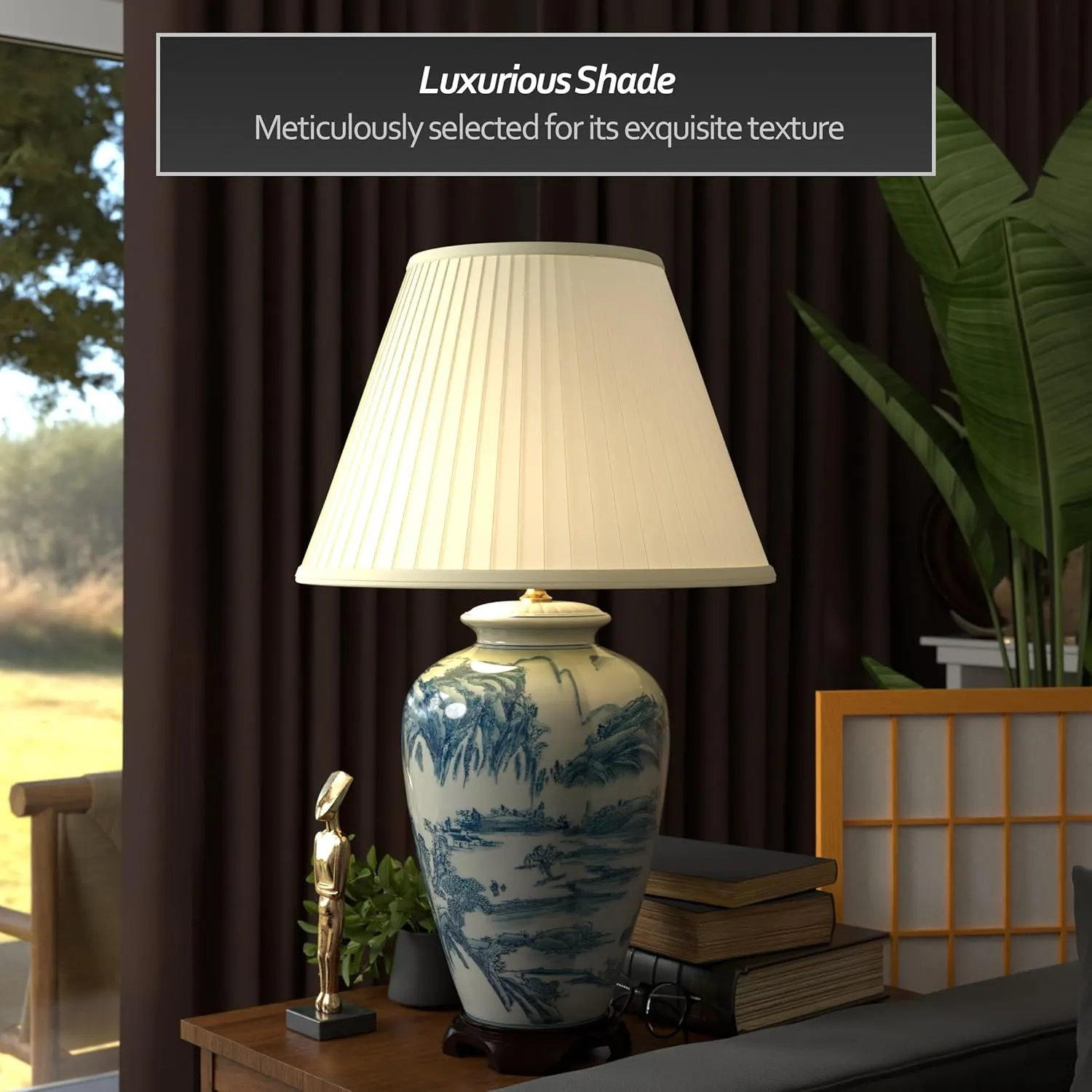 Red Lantern 29" Blue and White Chinese Landscape Lamp