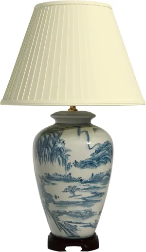 Red Lantern 29" Blue and White Chinese Landscape Lamp