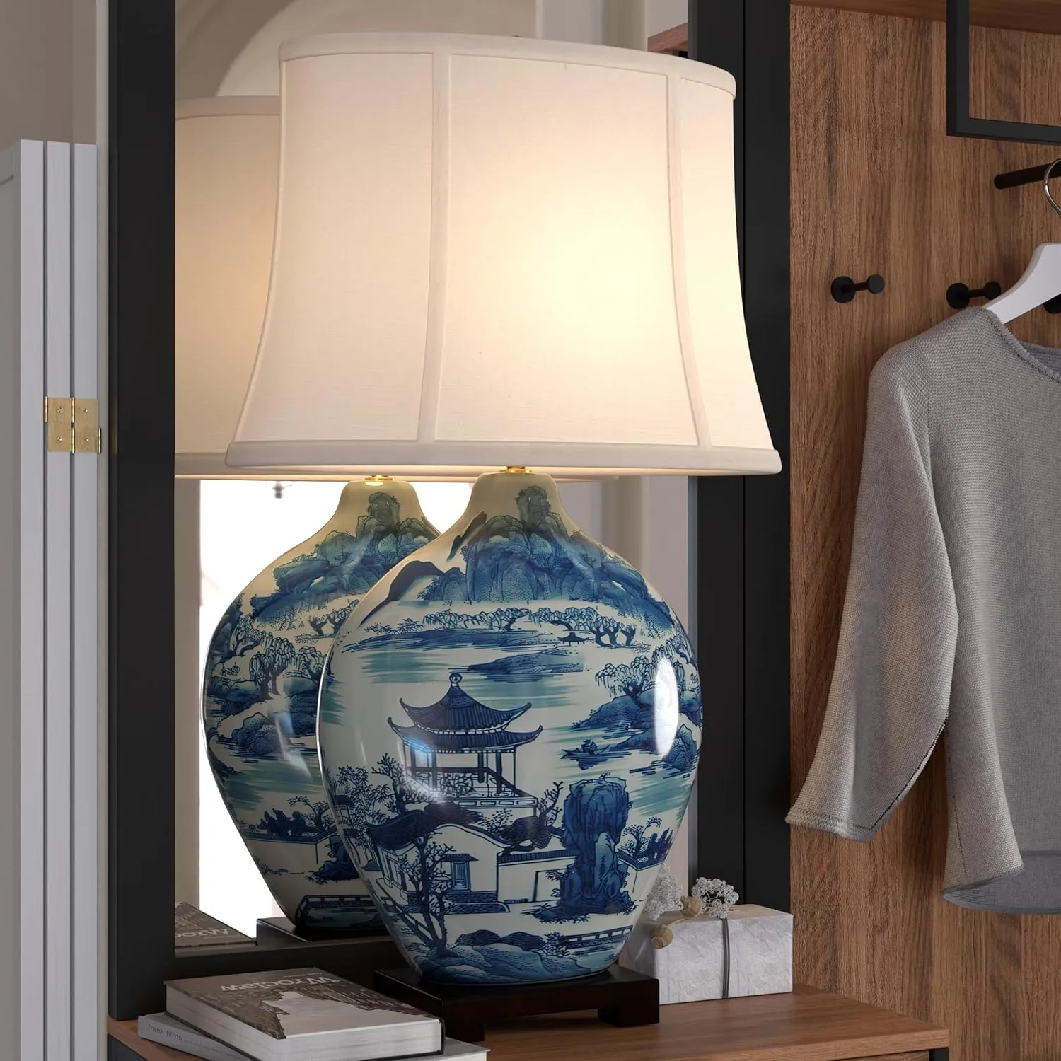 Red Lantern 32" Blue and White Ming Landscape Vase Lamp