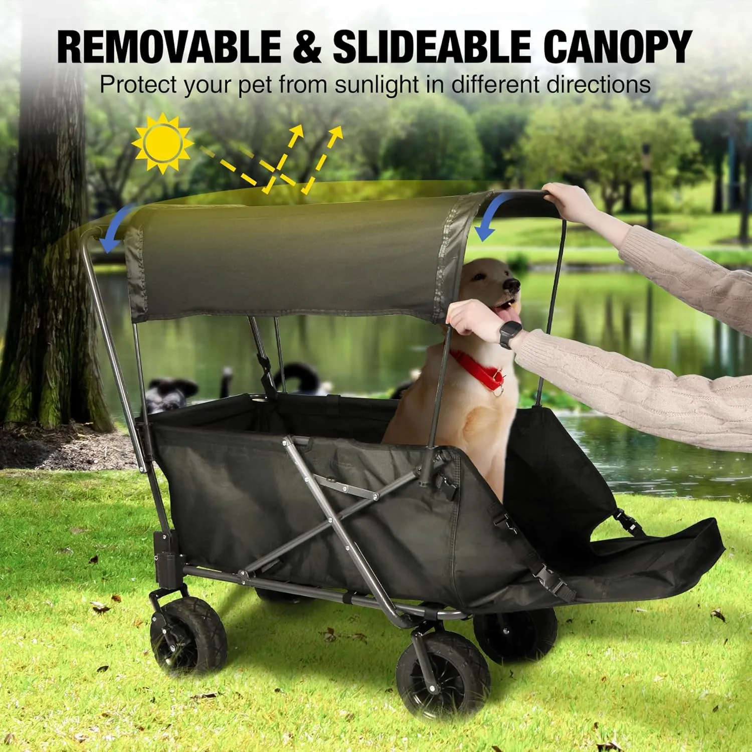 REDCAMP Folding Dog Wagon Cart with Canopy Heavy Duty, 220L Large Collapsible Utility Cart Dog Stroller with Extendable Rear End for Sports Shopping Pet, Black