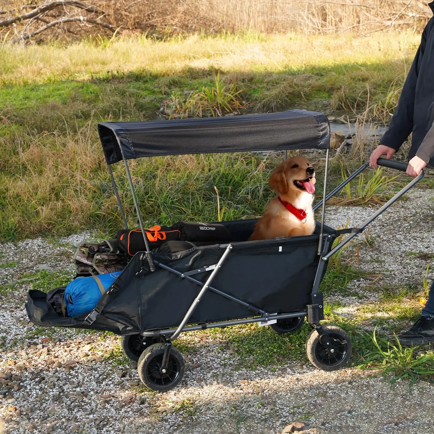 REDCAMP Folding Dog Wagon Cart with Canopy Heavy Duty, 220L Large Collapsible Utility Cart Dog Stroller with Extendable Rear End for Sports Shopping Pet, Black