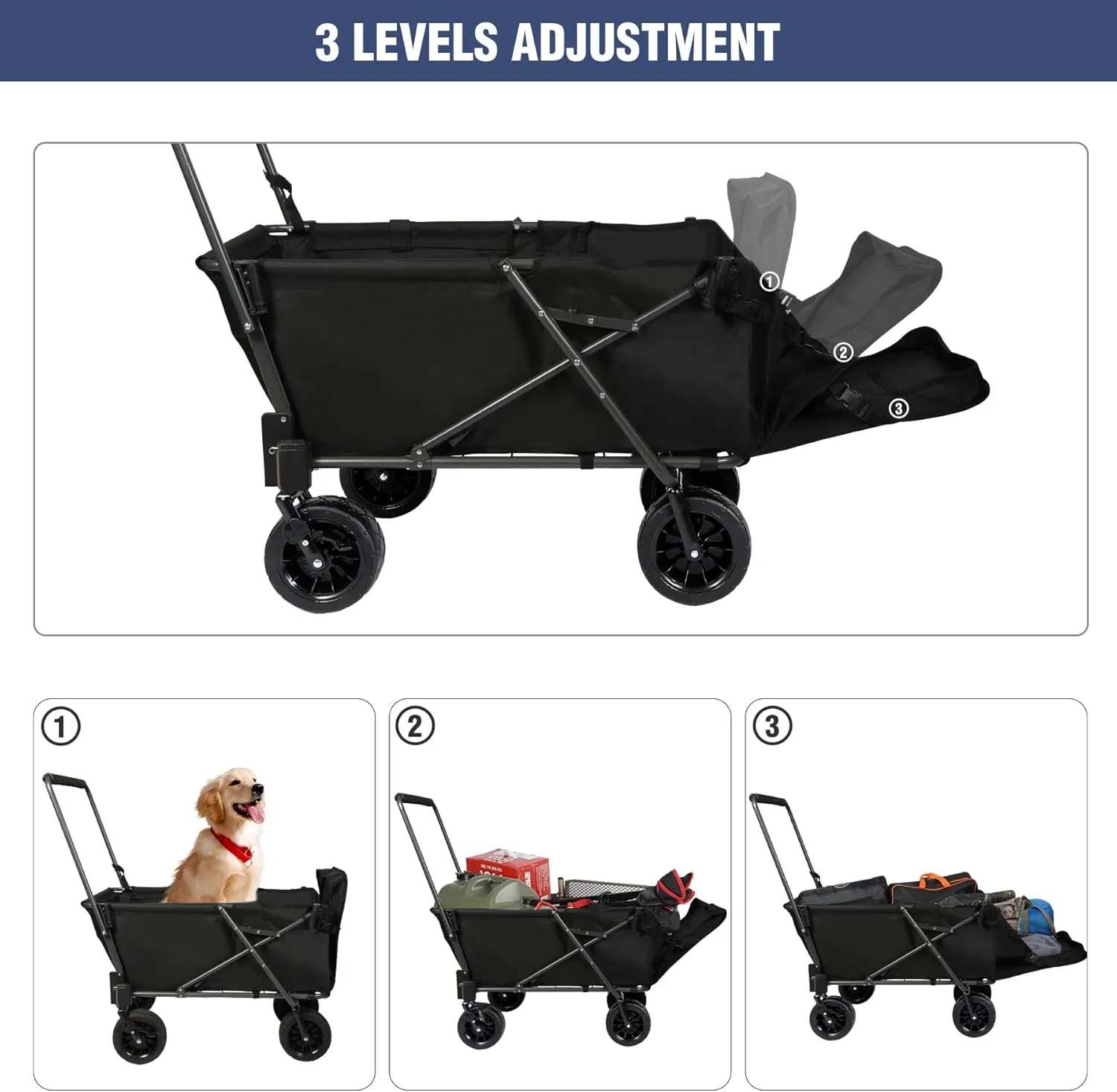 REDCAMP Folding Dog Wagon Cart with Extendable Rear End Heavy Duty, 220L Large Collapsible Utility Cart Dog Stroller with Tailgate for Sports Shopping Pet, Black