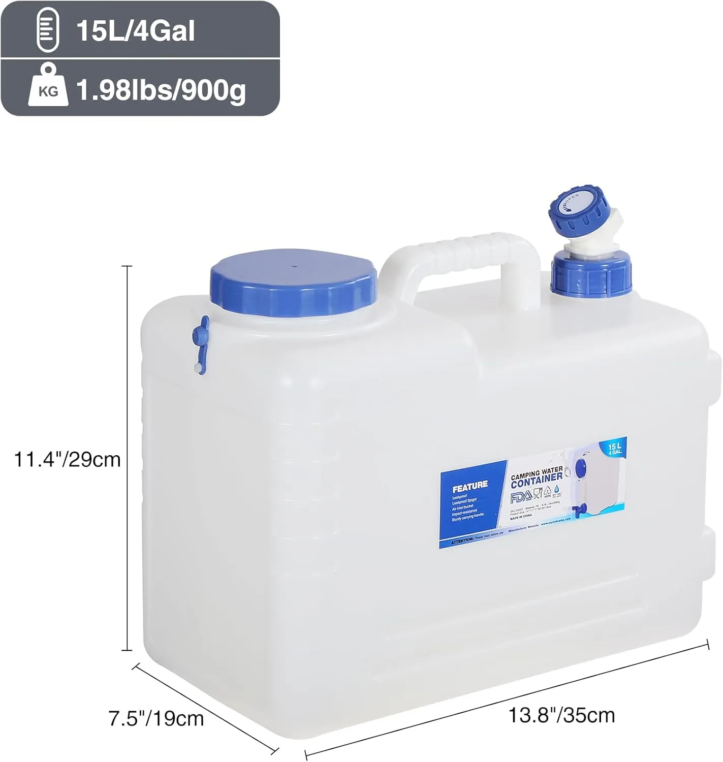 RedSwing 4 Gallon/15L Portable Water Container with Spigot, Water Storage Carrier for Camping Outdoor Hiking, BPA Free