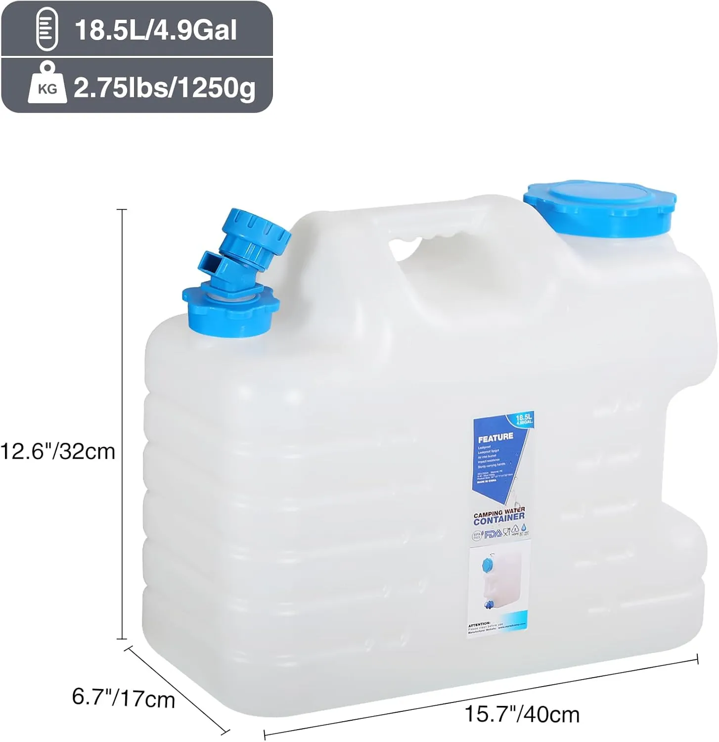 RedSwing 4.9 Gallon/18.5L Portable Water Container with Spigot, Water Storage Carrier for Camping Outdoor Hiking Backpacking, BPA Free