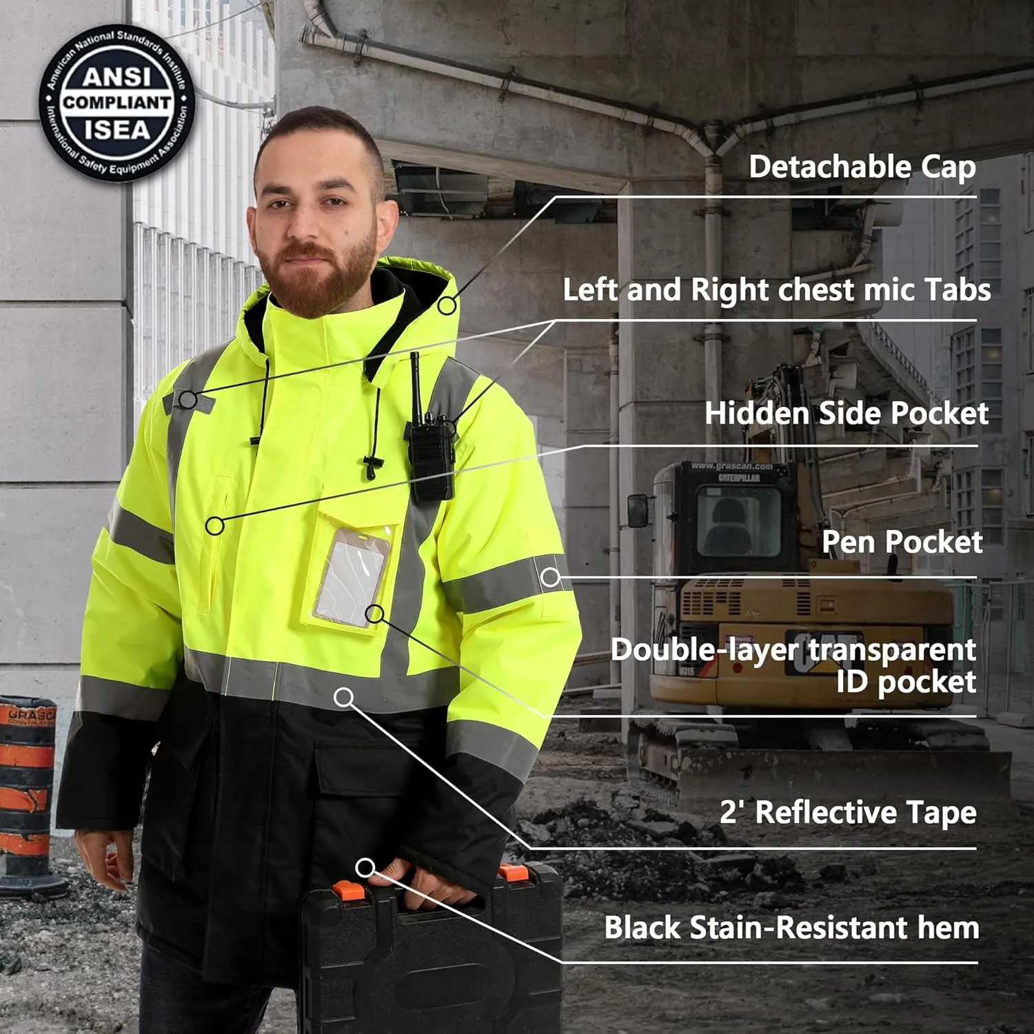 Reflective Jacket, High Visibility Parka, Waterproof Hi Vis, Safety Jacket with Removable Hood and Zipper, ANSI Class 3 (Lime, XL)