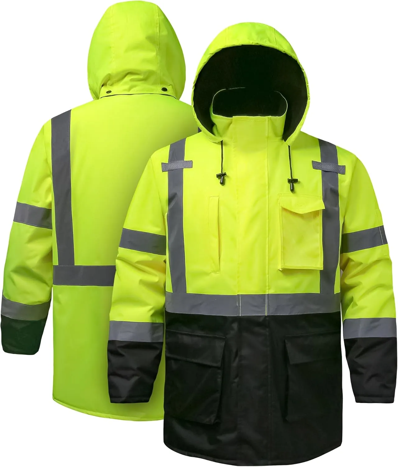 Reflective Jacket, High Visibility Parka, Waterproof Hi Vis, Safety Jacket with Removable Hood and Zipper, ANSI Class 3 (Lime, XL)