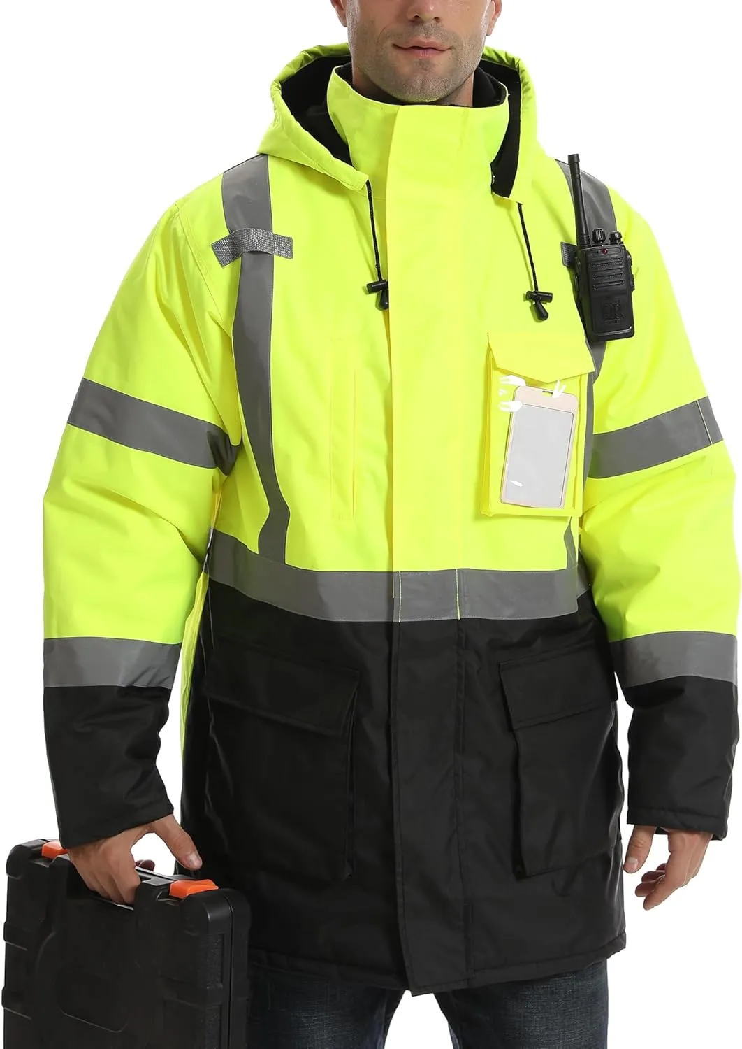 Reflective Jacket, High Visibility Parka, Waterproof Hi Vis, Safety Jacket with Removable Hood and Zipper, ANSI Class 3 (Lime, XL)