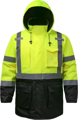 Reflective Jacket, High Visibility Parka, Waterproof Hi Vis, Safety Jacket with Removable Hood and Zipper, ANSI Class 3 (Lime, XL)
