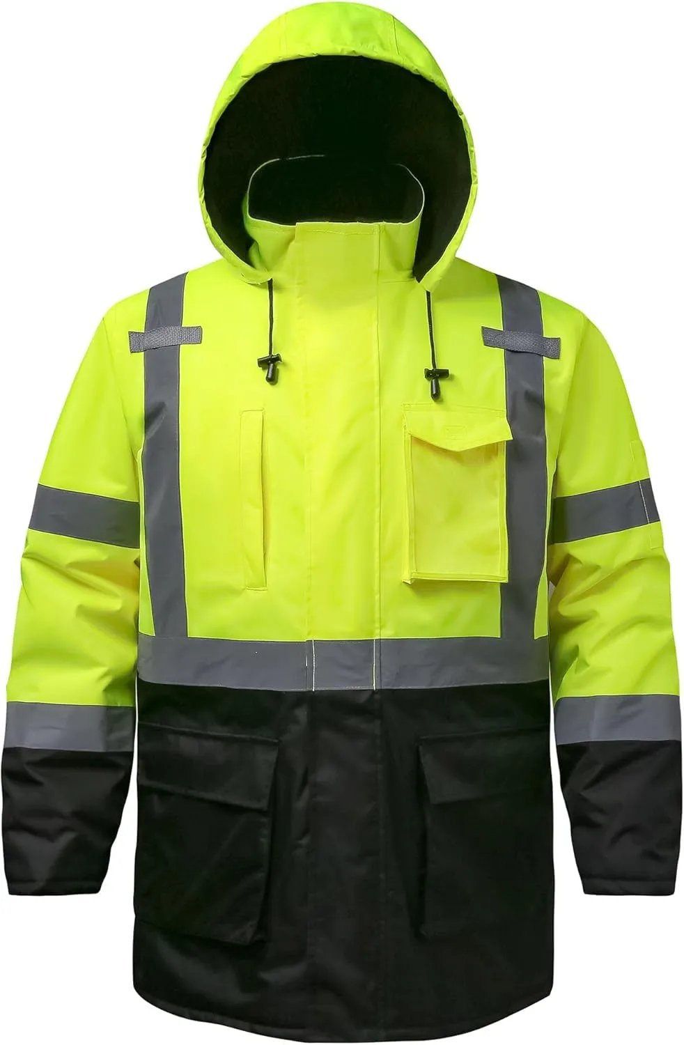 Reflective Jacket, High Visibility Parka, Waterproof Hi Vis, Safety Jacket with Removable Hood and Zipper, ANSI Class 3 (Lime, XL)