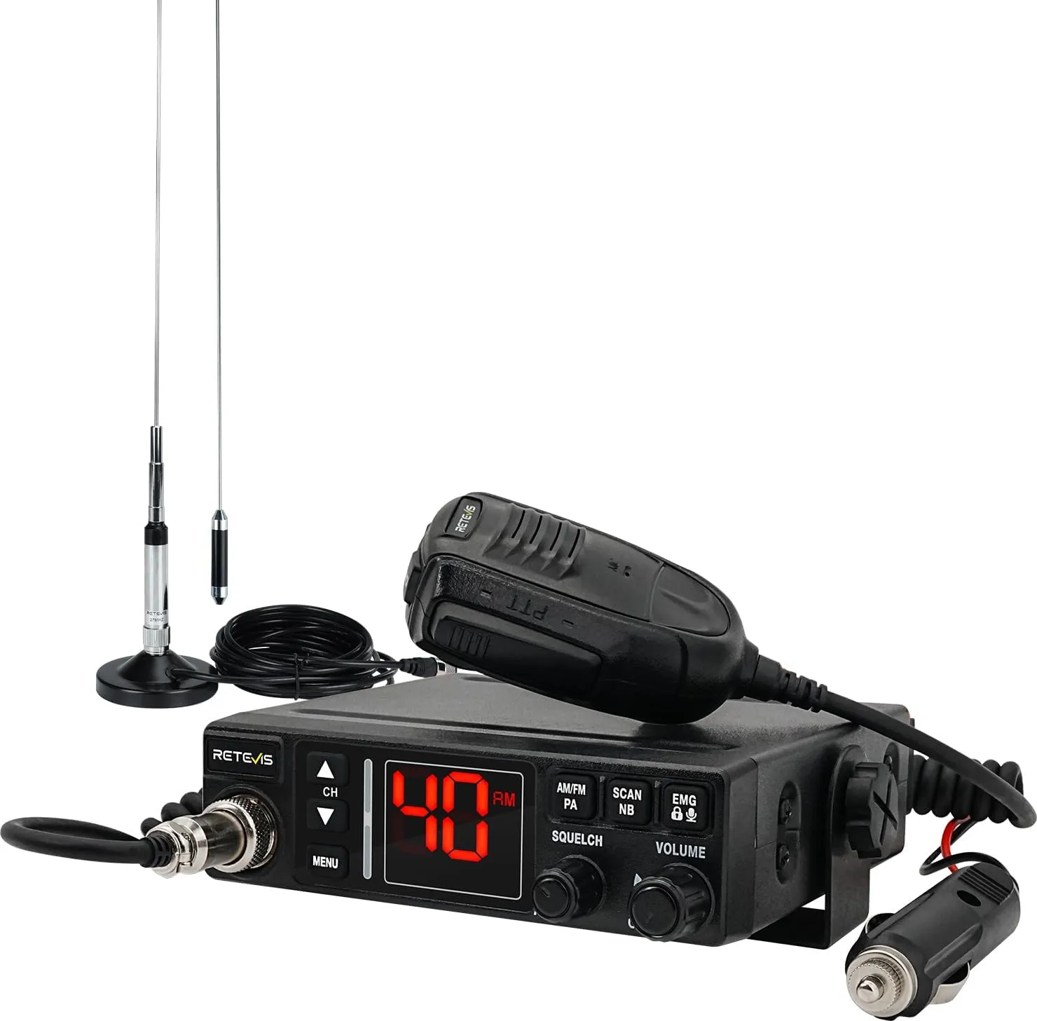 Retevis MB3A 40-Channel AM/FM CB Radio Kit - Long Range Trucker Radio with Antenna, 12V/24V Cigarette Lighter, Noise Limiter, PA, Emergency Channels 9/19, Cooling System