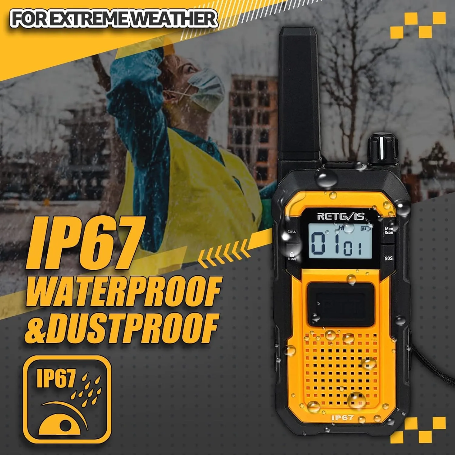 Retevis RB48 2 Way Radio Long Range, IP67 Waterproof Walkie Talkies Adults, Drop-Proof, 2000mAh, Emergency, Heavy Duty Two Way Radios, for Job Site Construction Warehouse(6 Pack)