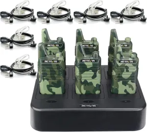 Retevis RT22 Camo Walkie Talkies with Earpiece, Two Way Radios Rechargeable with 6 Slot Charging Station, Slim and Lightweight, Handsfree Portable 2 Way Radios(6 Pack), for School Church Hunting