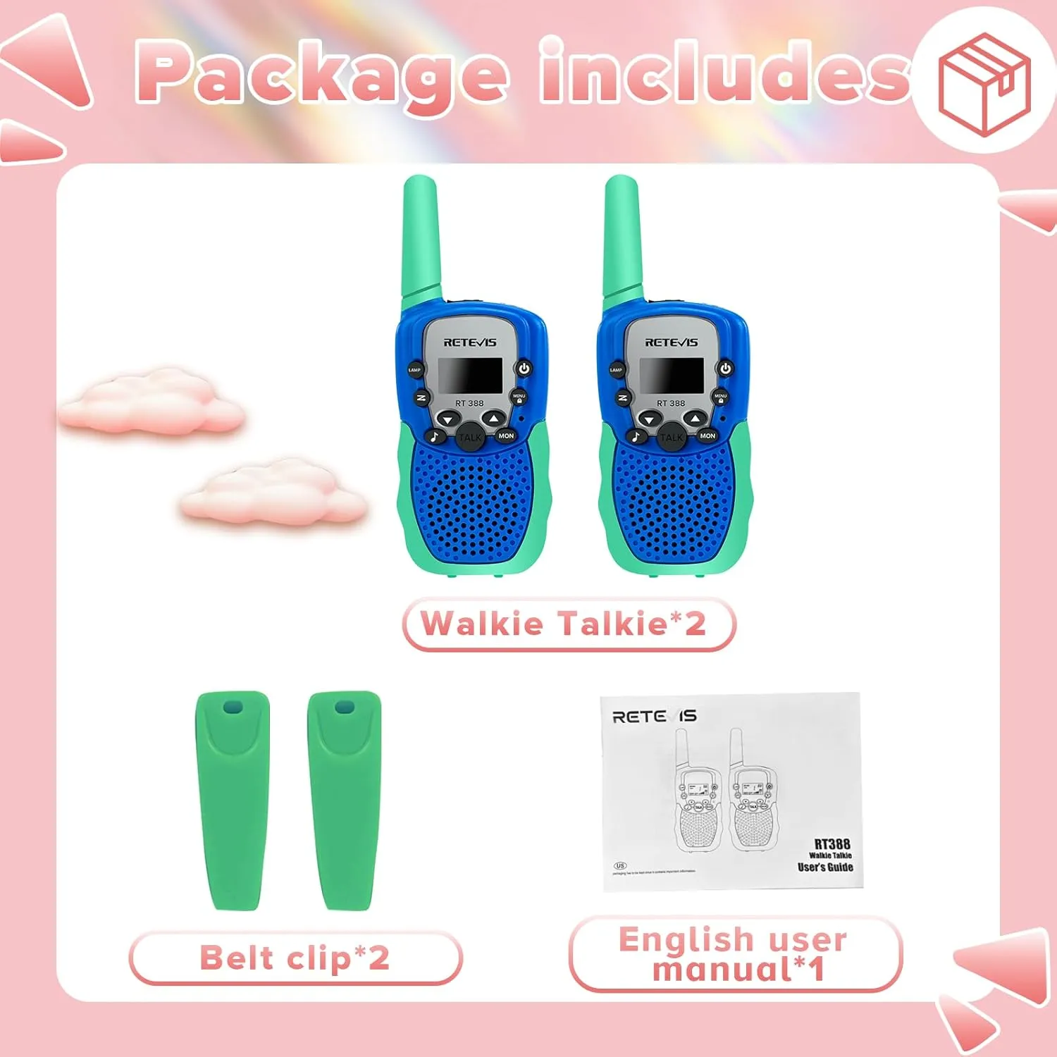 Retevis RT388 Walkie Talkies for Kids, Toys for 6-12 Year Old Boy Girl, Long Range 2 Way Radio 22 Channel with Backlit LCD Flashlight, Kids Gifts for Boys Girls Family Games Outdoor(Blue Green 1 Pair)