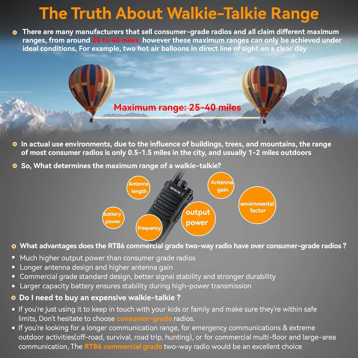 Retevis RT86 Two Way Radios Long Range,Professional Walkie Talkies with 2600mAh Rechargeable,Remote Alarm,Flashlight,Shatterproof Display,Handheld 2 Way Radio for Off-Roading Overland Farm(2 Pack)