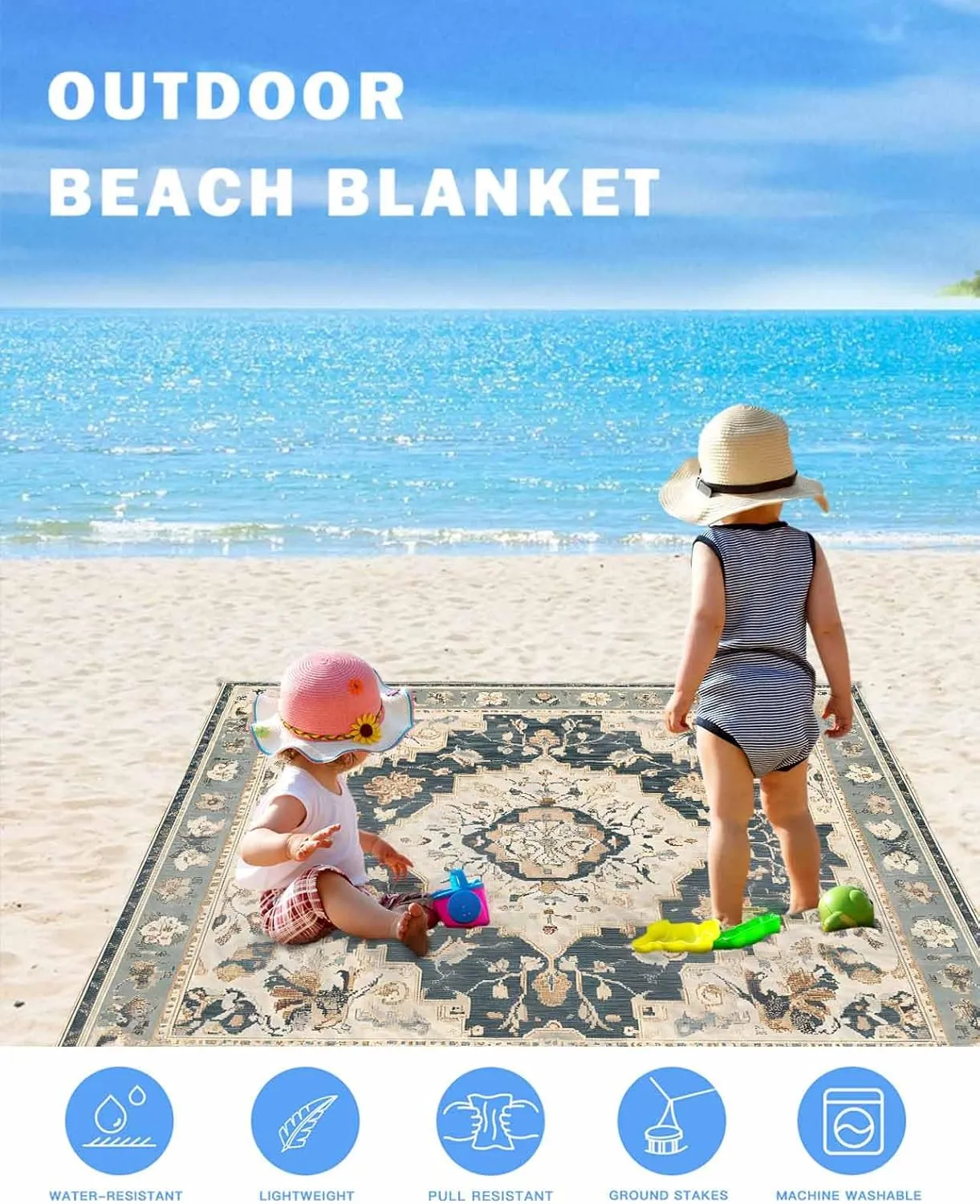 Retro Beach Blanket Waterproof Sandproof 83"x79", Bohemian Classical Flowers Oversized Beach Mat with 4 Corner Sand Pocket & 4 Stakes, Compact Outdoor Picnic Mat for Camping Travel Festivals