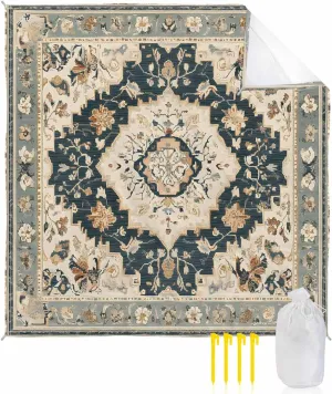 Retro Beach Blanket Waterproof Sandproof 83"x79", Bohemian Classical Flowers Oversized Beach Mat with 4 Corner Sand Pocket & 4 Stakes, Compact Outdoor Picnic Mat for Camping Travel Festivals