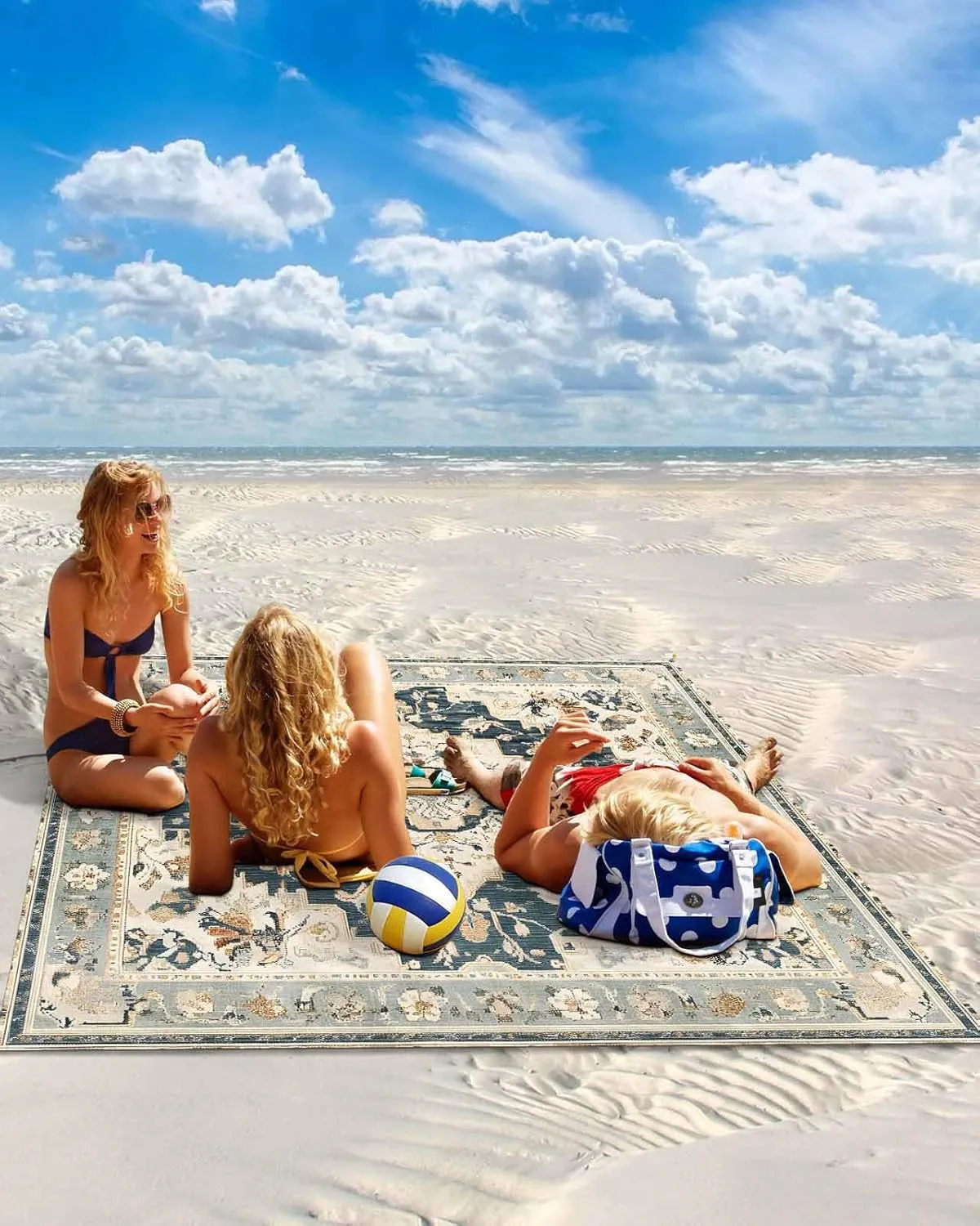 Retro Beach Blanket Waterproof Sandproof 83"x79", Bohemian Classical Flowers Oversized Beach Mat with 4 Corner Sand Pocket & 4 Stakes, Compact Outdoor Picnic Mat for Camping Travel Festivals
