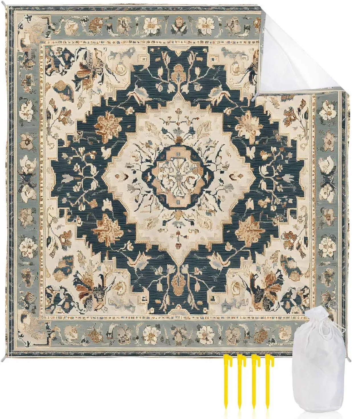 Retro Beach Blanket Waterproof Sandproof 83"x79", Bohemian Classical Flowers Oversized Beach Mat with 4 Corner Sand Pocket & 4 Stakes, Compact Outdoor Picnic Mat for Camping Travel Festivals