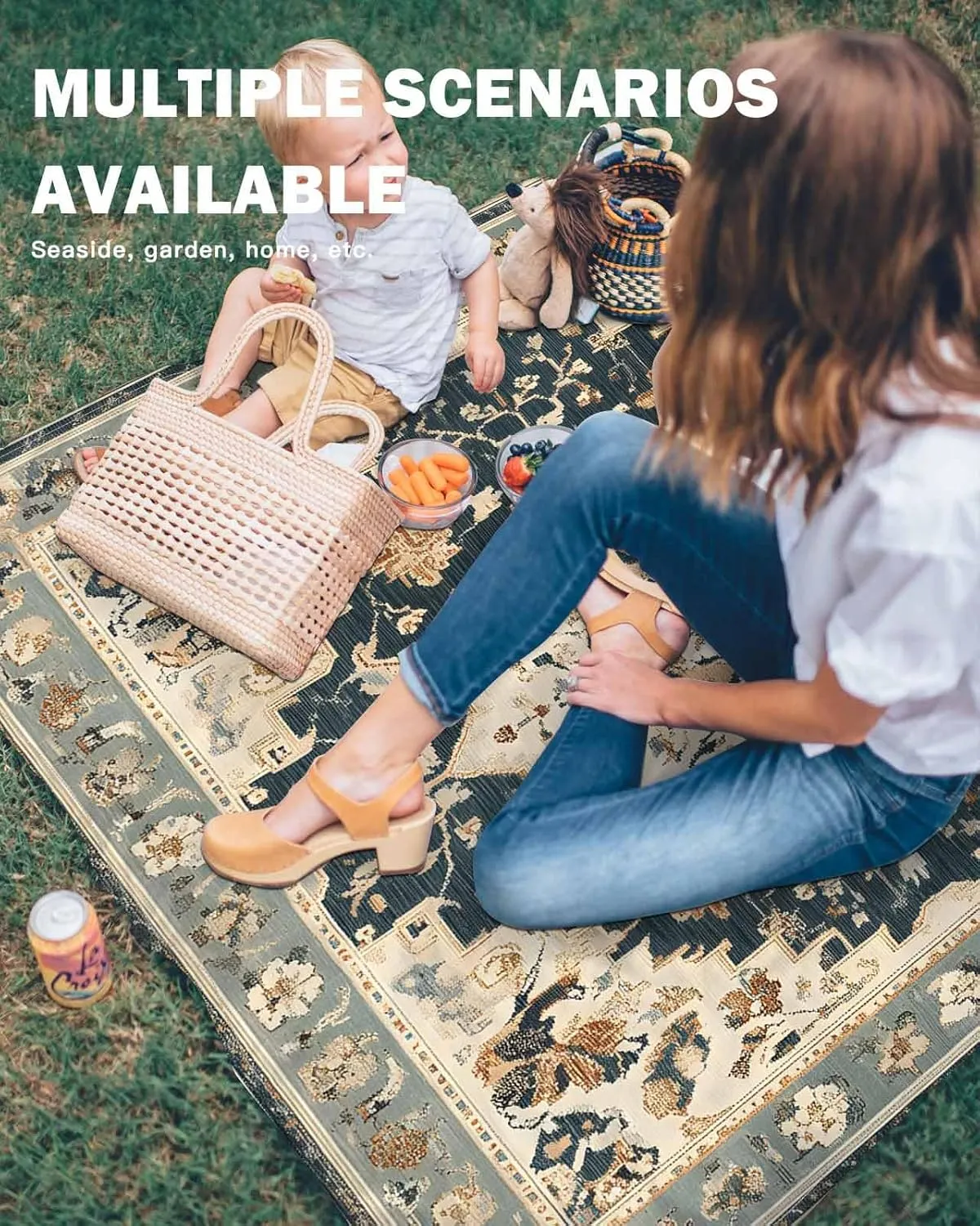 Retro Beach Blanket Waterproof Sandproof 83"x79", Bohemian Classical Flowers Oversized Beach Mat with 4 Corner Sand Pocket & 4 Stakes, Compact Outdoor Picnic Mat for Camping Travel Festivals