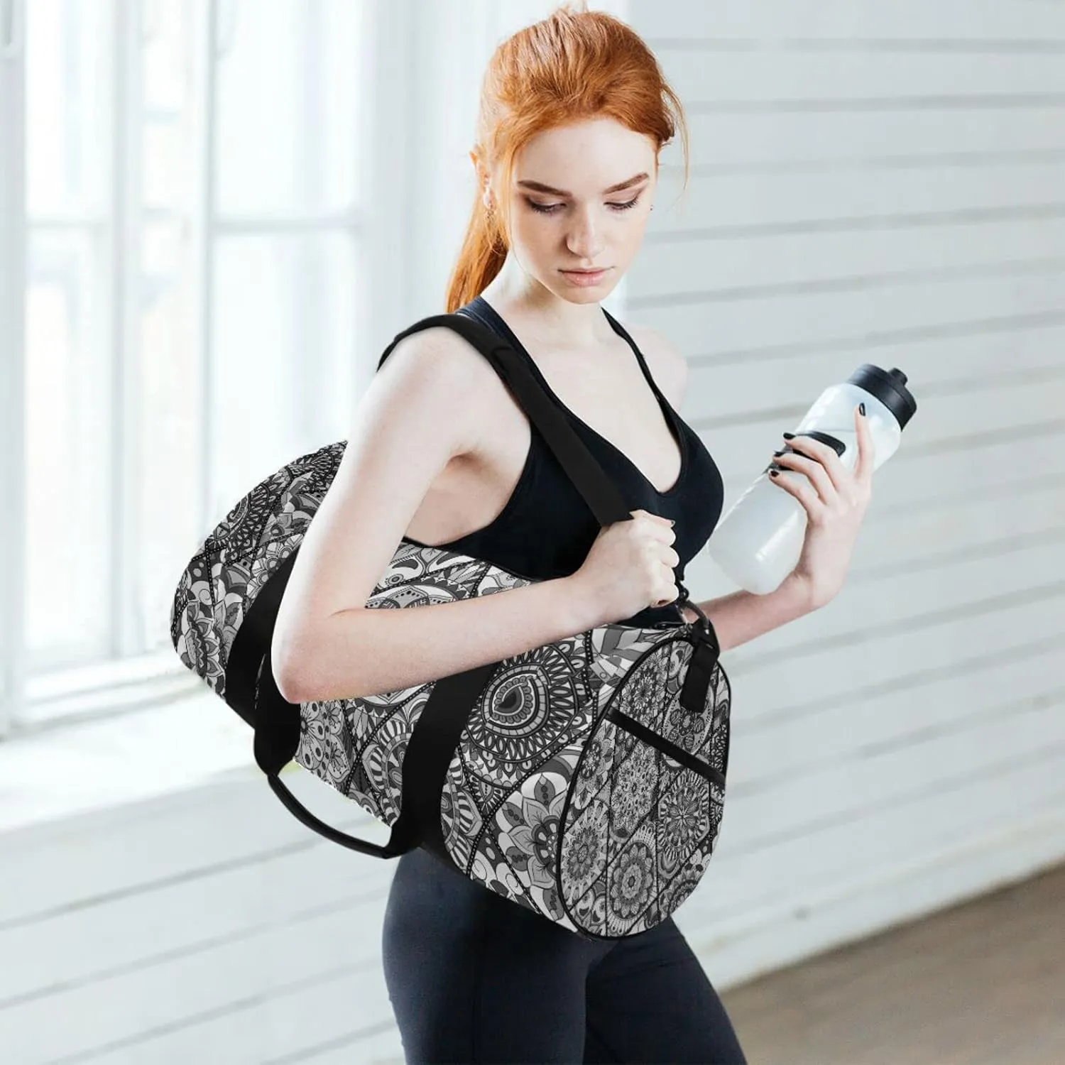 Retro Tribal Mandala Flowers Islam, Arabic, Indian, Ottoman Motifs Duffel Bag, Foldable Canvas Travel Tote for Gym Sports with Inner Pockets, Durable Lightweight Fitness Bag for Overnight Workout