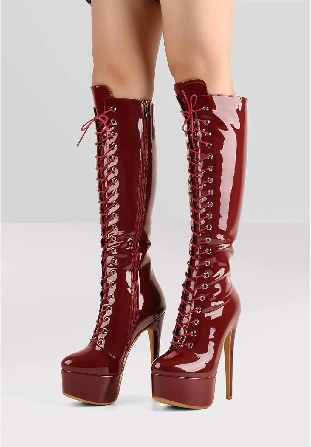 richealnini Lace Up Platform Knee High Boots for Women Side Zipper Wide Calf Boots