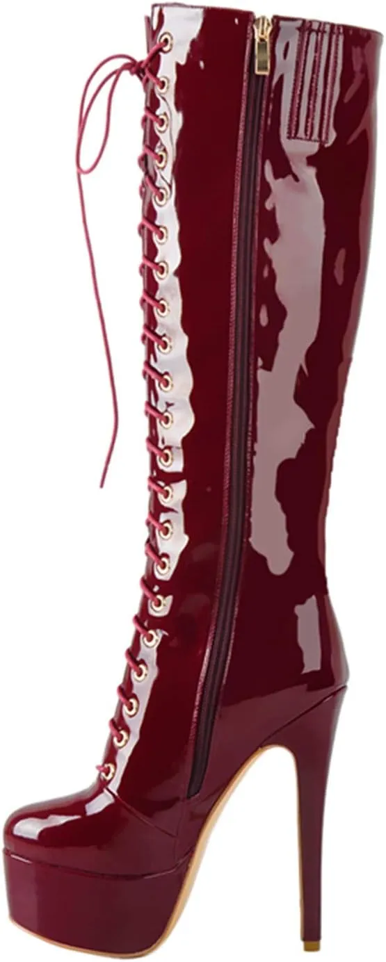 richealnini Lace Up Platform Knee High Boots for Women Side Zipper Wide Calf Boots
