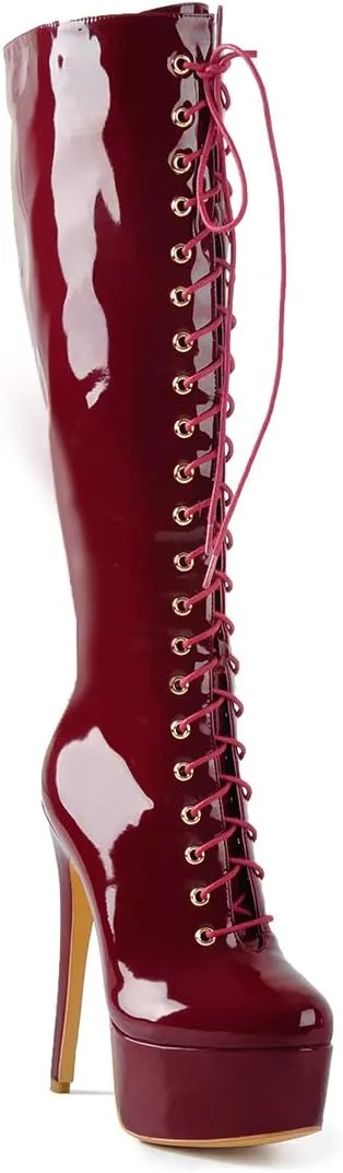 richealnini Lace Up Platform Knee High Boots for Women Side Zipper Wide Calf Boots