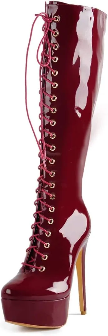 richealnini Lace Up Platform Knee High Boots for Women Side Zipper Wide Calf Boots