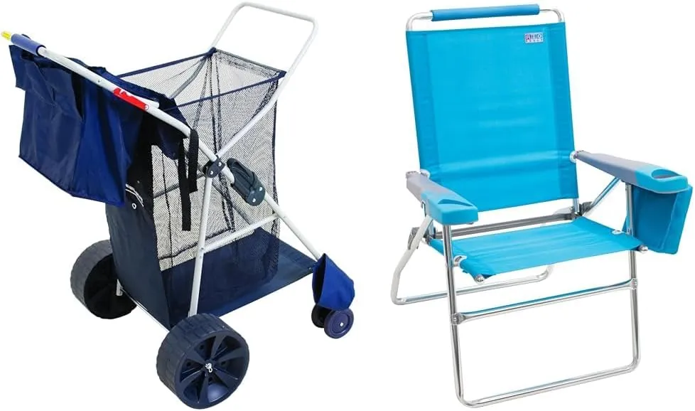 Rio Brands Wonder Wheeler Deluxe Beach Cart and Rio Beach 17" Extended Height Folding Chair Bundle