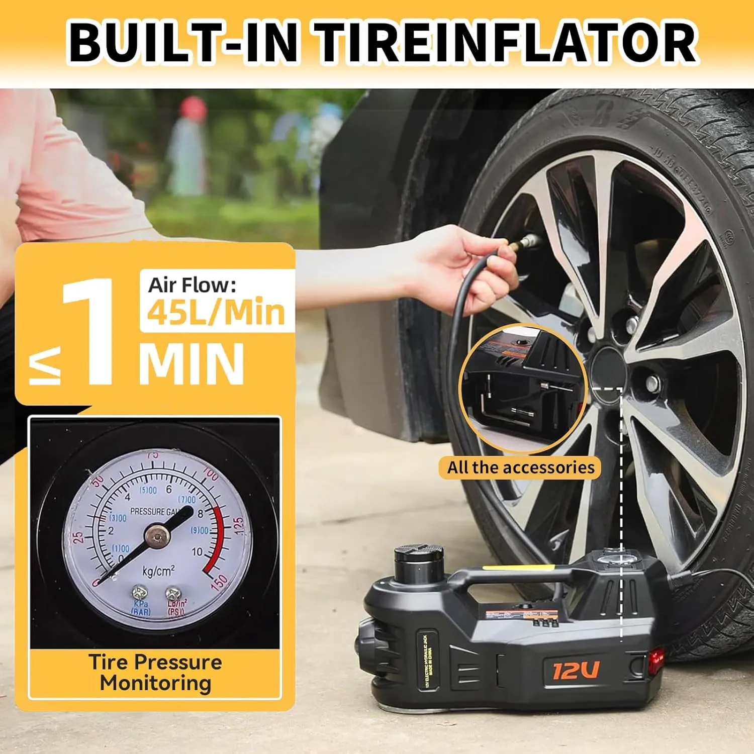ROGTZ Electric Car Jack kit 5 Ton 12V Portable Hydraulic Jack Vehicle Lift Tire Inflator Pump, for SUV/Sedan/Truck Car Repair Floor Jack for Tire Change with LED Light (Jack Only,Black)