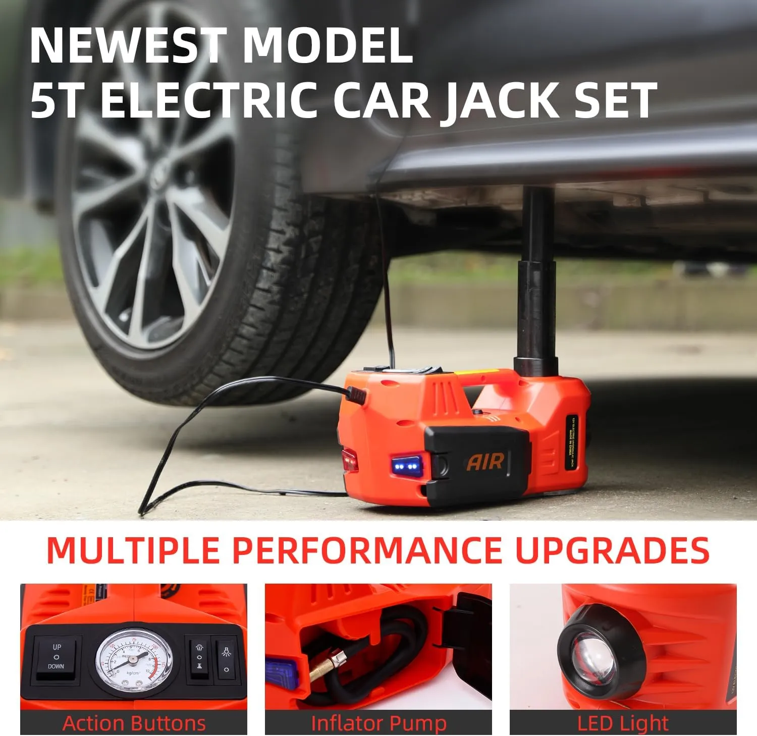 ROGTZ Electric Hydraulic Car Jack Kit 5Ton 12V with Tire Air Pump and LED Light,Car Lift Floor Jacks for SUV Tire Replacement (Jack Only, Red)