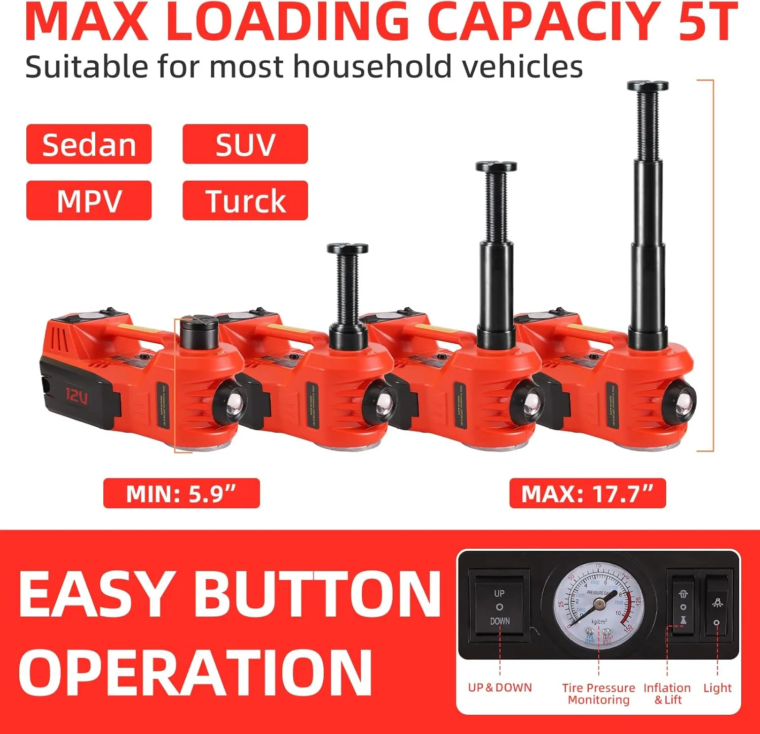 ROGTZ Electric Hydraulic Car Jack Kit 5Ton 12V with Tire Air Pump and LED Light,Car Lift Floor Jacks for SUV Tire Replacement (Jack Only, Red)