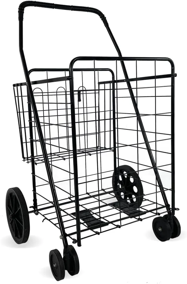 Roll-Motion Folding Shopping Cart, Heavy Duty Grocery Utility Cart with 360-Degree Wheels & Large Wheels, Versatile Rolling Cart with 38 Gal Metal Basket for Warehouse, Supermarket (Classics)