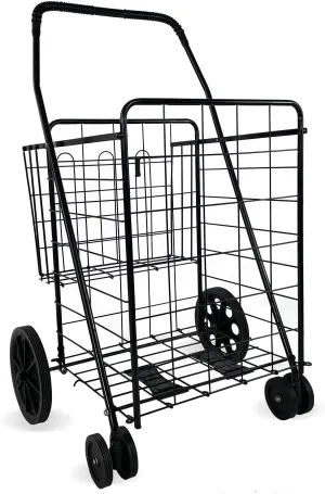 Roll-Motion Folding Shopping Cart, Heavy Duty Grocery Utility Cart with 360-Degree Wheels & Large Wheels, Versatile Rolling Cart with 38 Gal Metal Basket for Warehouse, Supermarket (Classics)