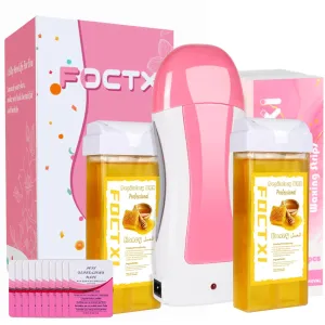 Roll On Waxing Kit for Sensitive Skin - Hair Removal with 2 Honey Soft Wax Cartridges and 100 Non-Woven Wax Strips, 10 Wipes