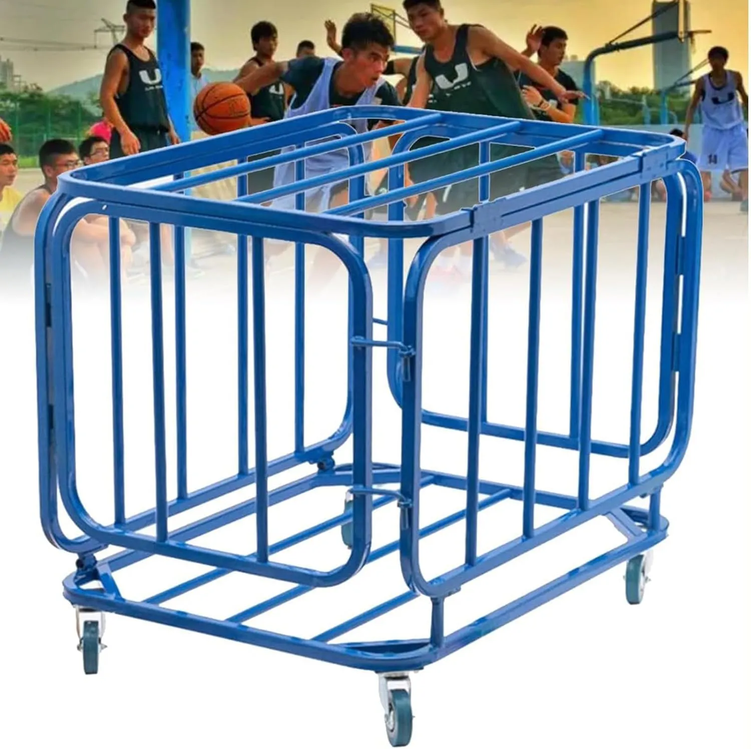 Rolling Ball Cart with Wheels, Metal Basketball Storage Bin Rack for Organize Footballs Volleyball Tennis Balls, Heavy Duty Folding Cage for School Kindergarten,90x80x90cm