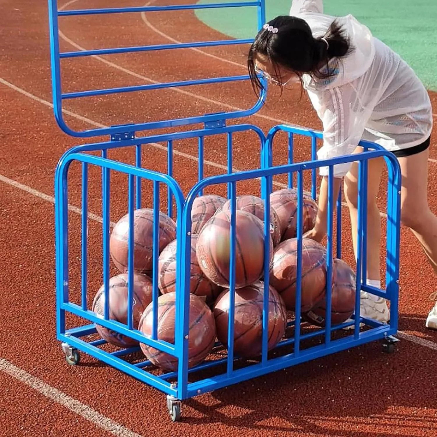 Rolling Ball Cart with Wheels, Metal Basketball Storage Bin Rack for Organize Footballs Volleyball Tennis Balls, Heavy Duty Folding Cage for School Kindergarten,90x80x90cm