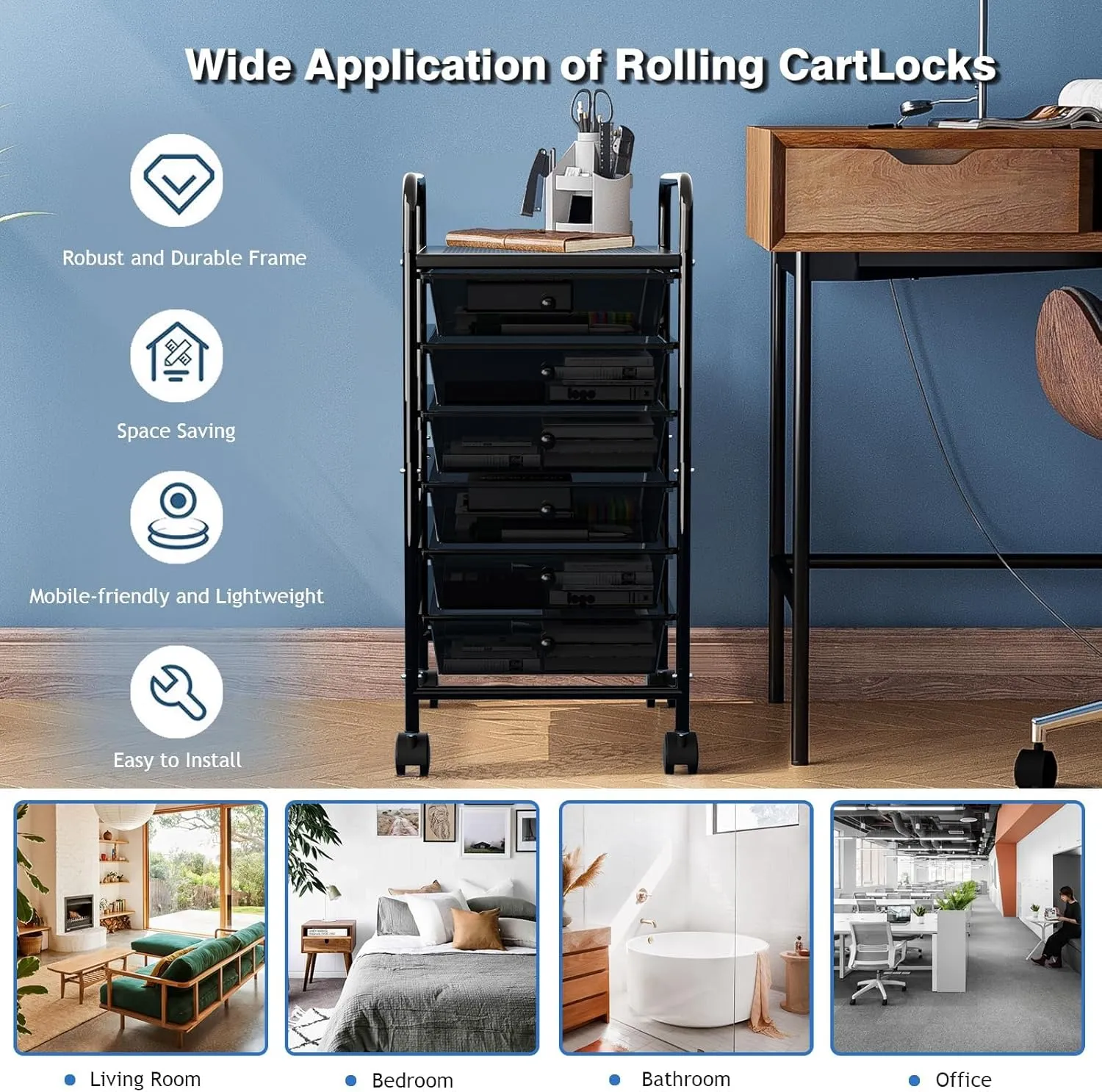 Rolling Cart with Drawers, 6-Tier Rolling Storage Cart with Drawers, Rolling Utility Cart with 6 Drawers with 2 Lockable Caster Wheels for Office Bathroom Kitchen, Transparent Black