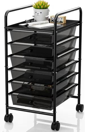 Rolling Cart with Drawers, 6-Tier Rolling Storage Cart with Drawers, Rolling Utility Cart with 6 Drawers with 2 Lockable Caster Wheels for Office Bathroom Kitchen, Transparent Black