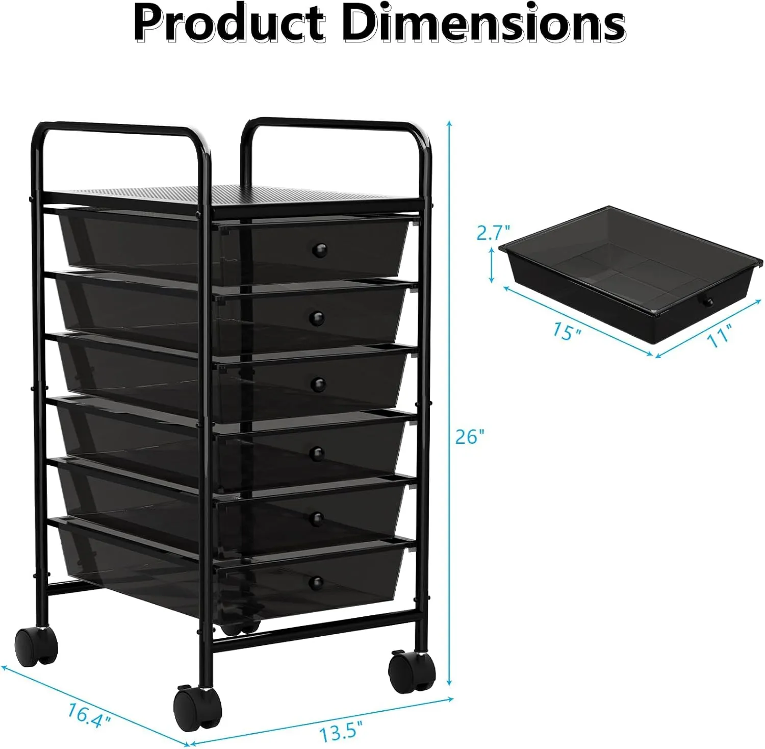 Rolling Cart with Drawers, 6-Tier Rolling Storage Cart with Drawers, Rolling Utility Cart with 6 Drawers with 2 Lockable Caster Wheels for Office Bathroom Kitchen, Transparent Black