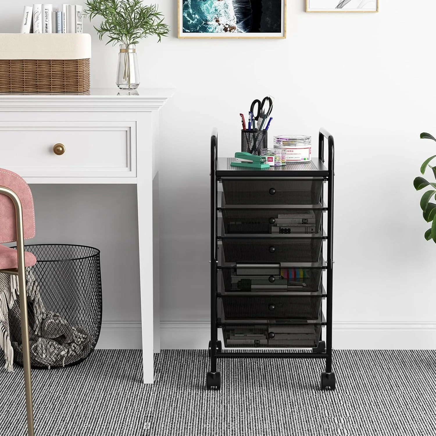 Rolling Cart with Drawers, 6-Tier Rolling Storage Cart with Drawers, Rolling Utility Cart with 6 Drawers with 2 Lockable Caster Wheels for Office Bathroom Kitchen, Transparent Black