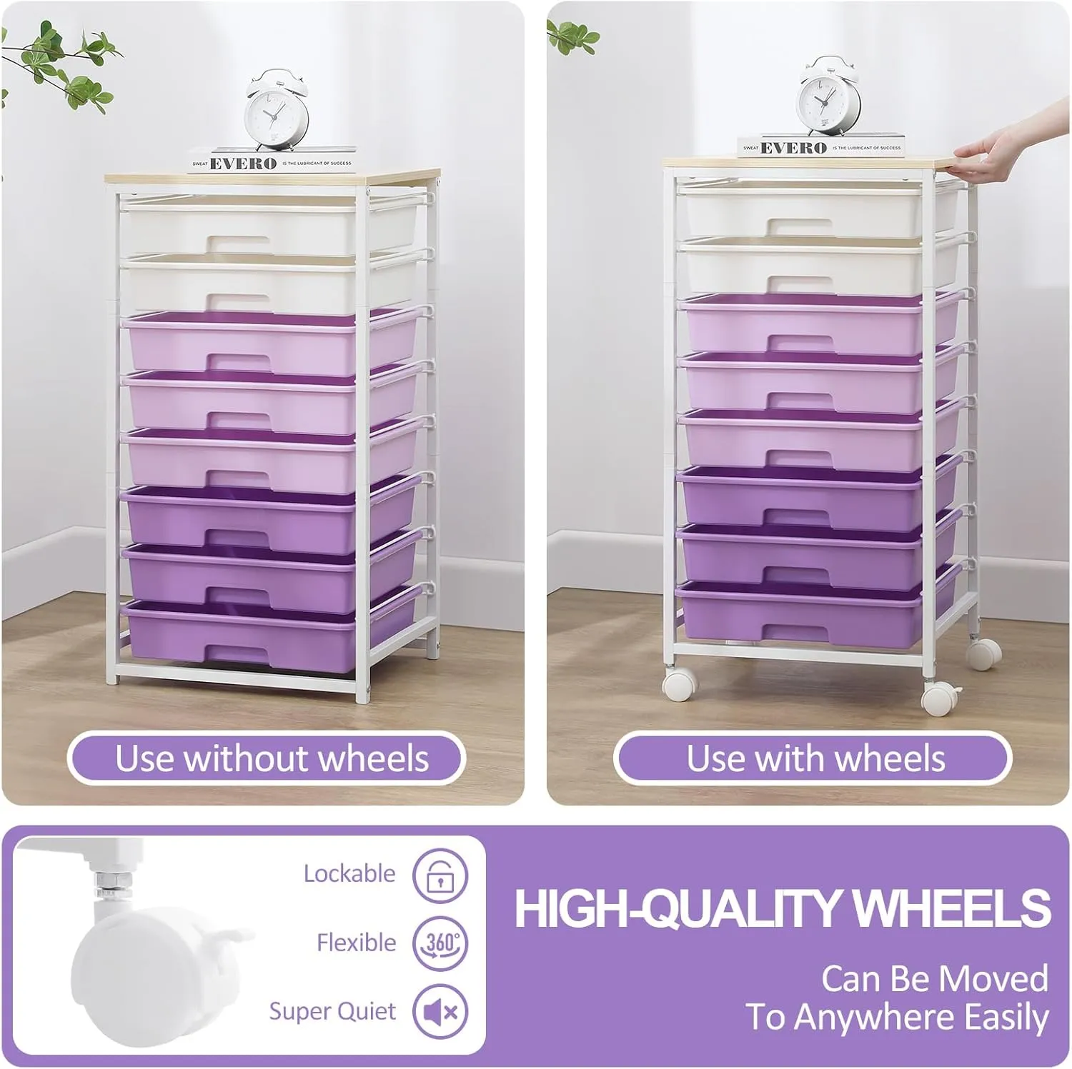 Rolling Cart with Drawers,Utility Cart With 8 Drawers and Wooden Tabletop for Living Room,Classroom,Bedroom,Bathroom,Dorm,Office,Purple