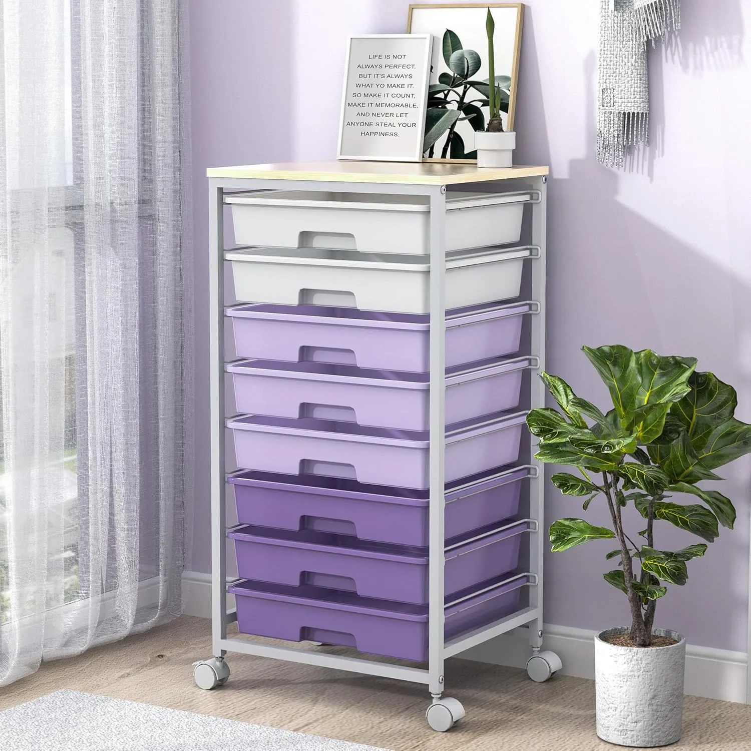 Rolling Cart with Drawers,Utility Cart With 8 Drawers and Wooden Tabletop for Living Room,Classroom,Bedroom,Bathroom,Dorm,Office,Purple