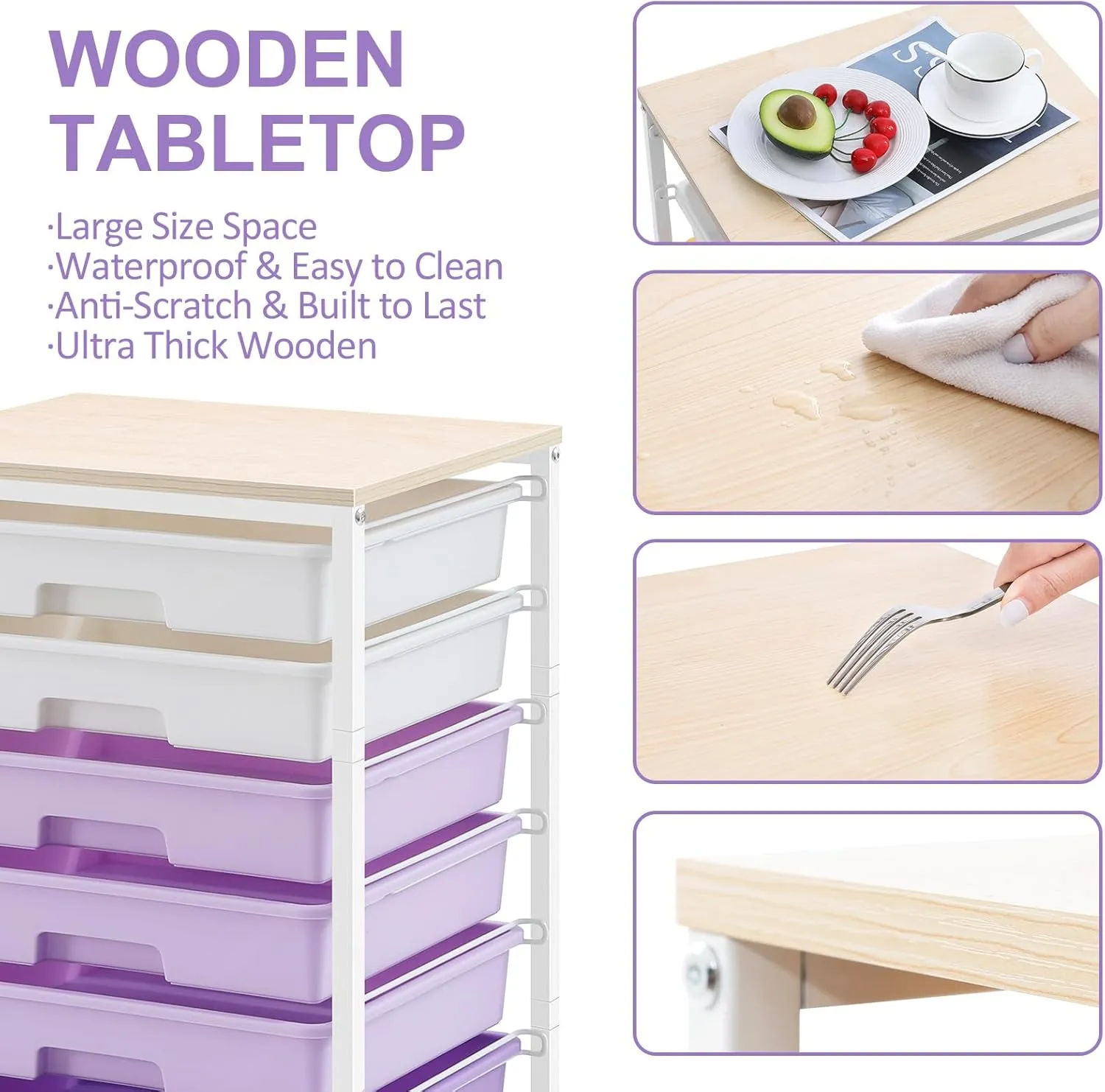 Rolling Cart with Drawers,Utility Cart With 8 Drawers and Wooden Tabletop for Living Room,Classroom,Bedroom,Bathroom,Dorm,Office,Purple