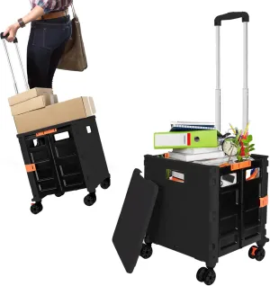 Rolling Crate Utility Cart Collapsible Tote Basket Teacher Cart with Lid Wear-Resistant Noiseless 360°Rotate Wheel Telescoping Handle for Trave Moving Luggage Use(Black,110lbs)
