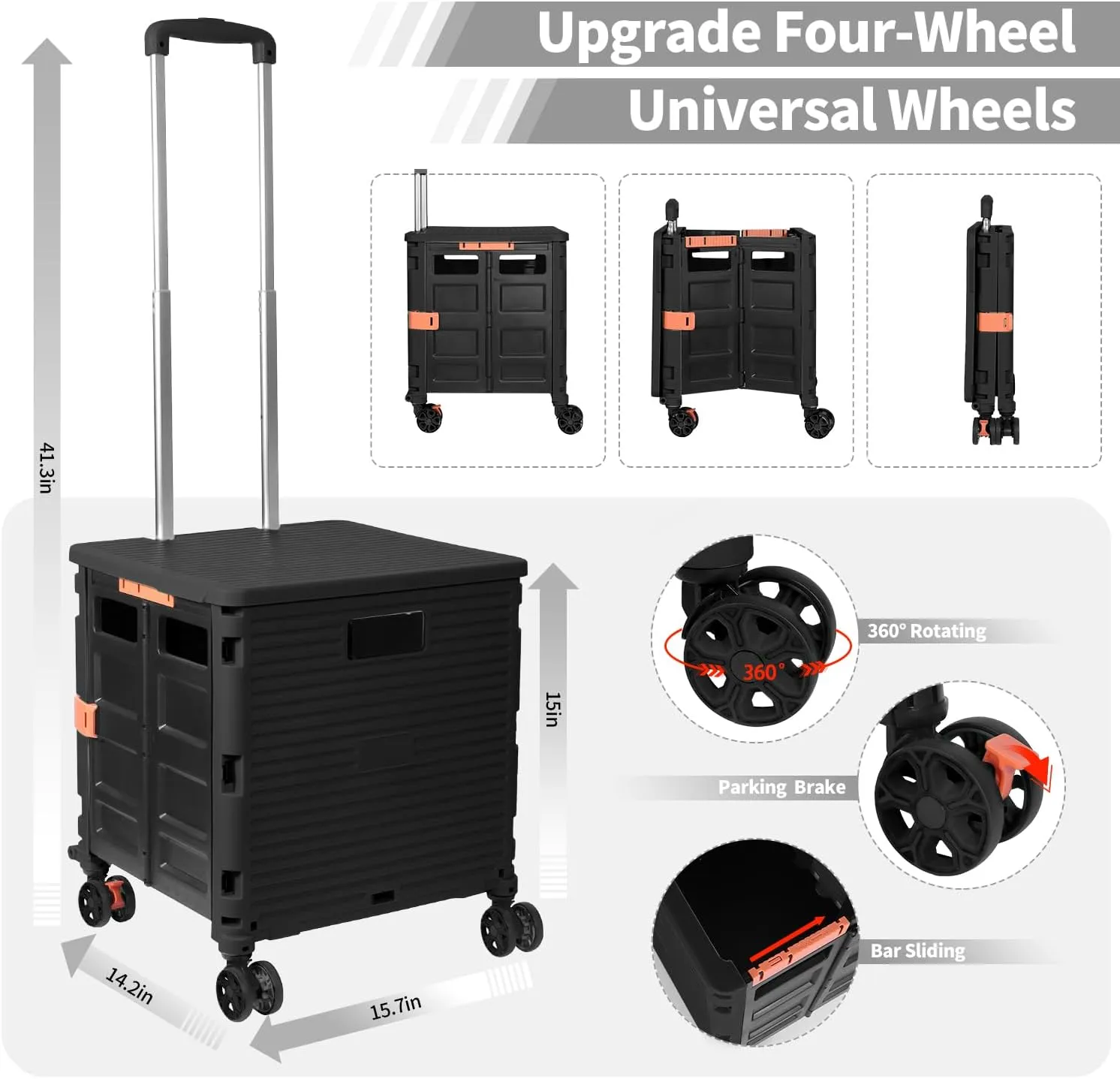 Rolling Crate Utility Cart Collapsible Tote Basket Teacher Cart with Lid Wear-Resistant Noiseless 360°Rotate Wheel Telescoping Handle for Trave Moving Luggage Use(Black,110lbs)