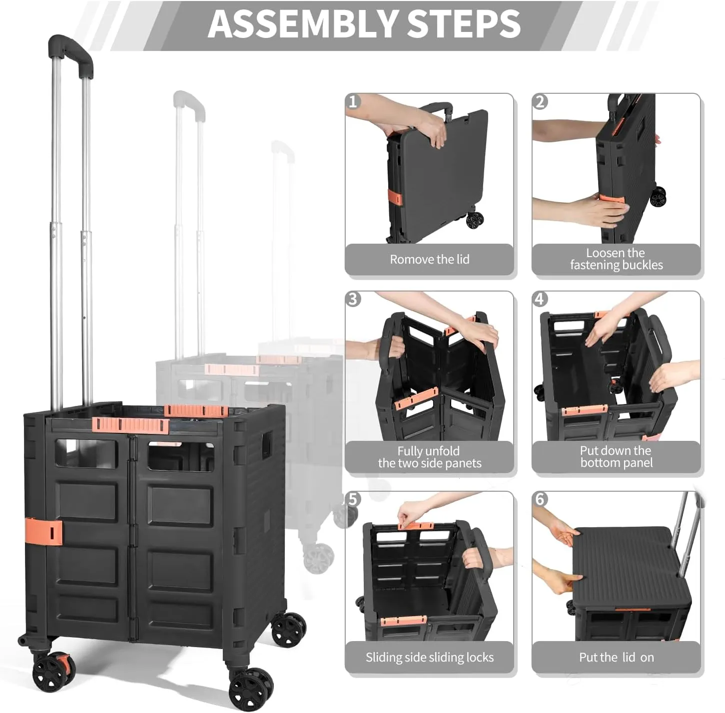 Rolling Crate Utility Cart Collapsible Tote Basket Teacher Cart with Lid Wear-Resistant Noiseless 360°Rotate Wheel Telescoping Handle for Trave Moving Luggage Use(Black,110lbs)