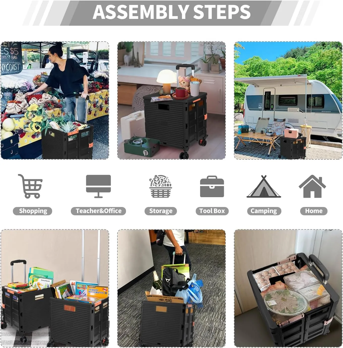 Rolling Crate Utility Cart Collapsible Tote Basket Teacher Cart with Lid Wear-Resistant Noiseless 360°Rotate Wheel Telescoping Handle for Trave Moving Luggage Use(Black,110lbs)